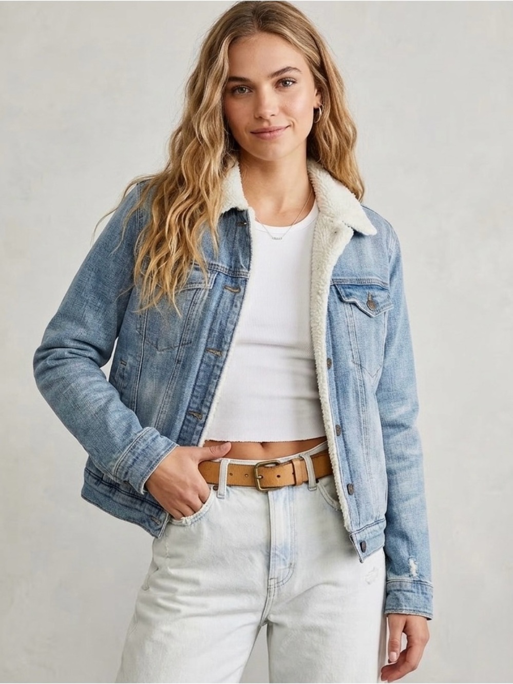 Pistola Madison Fleece Sherpa Lined Denim Trucker Jean Jacket, Light Blue,Size S